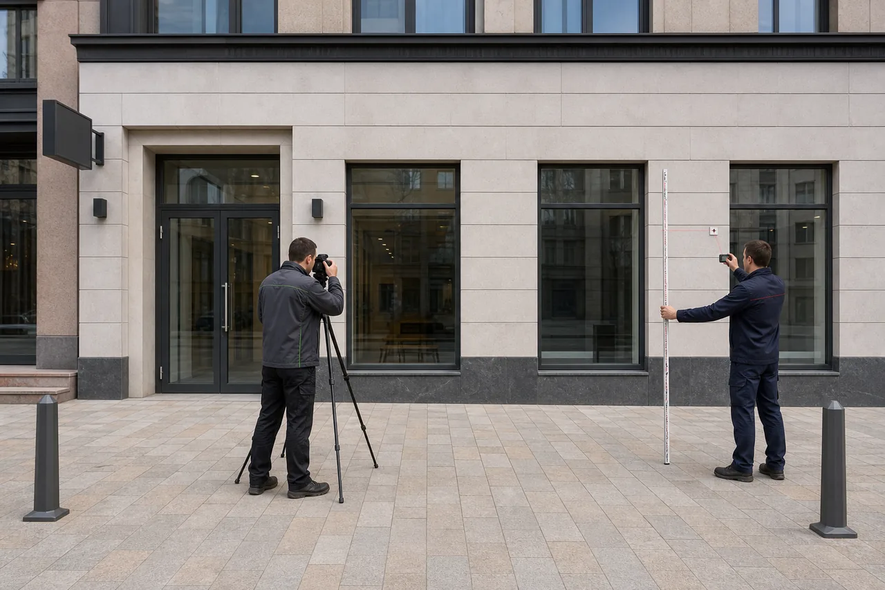 Специалисты выполняют фотофиксацию фасада для дизайн-проекта вывески