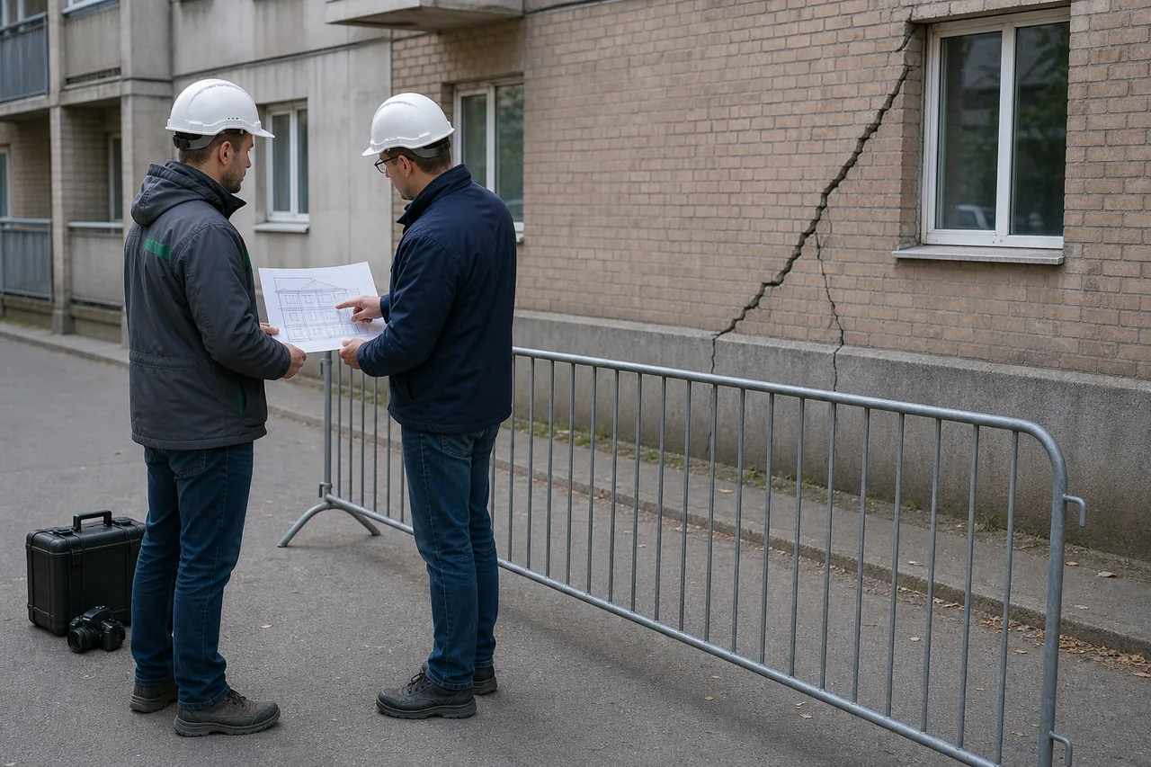 Инженеры с безопасной дистанции определяют зоны обследования повреждённого здания