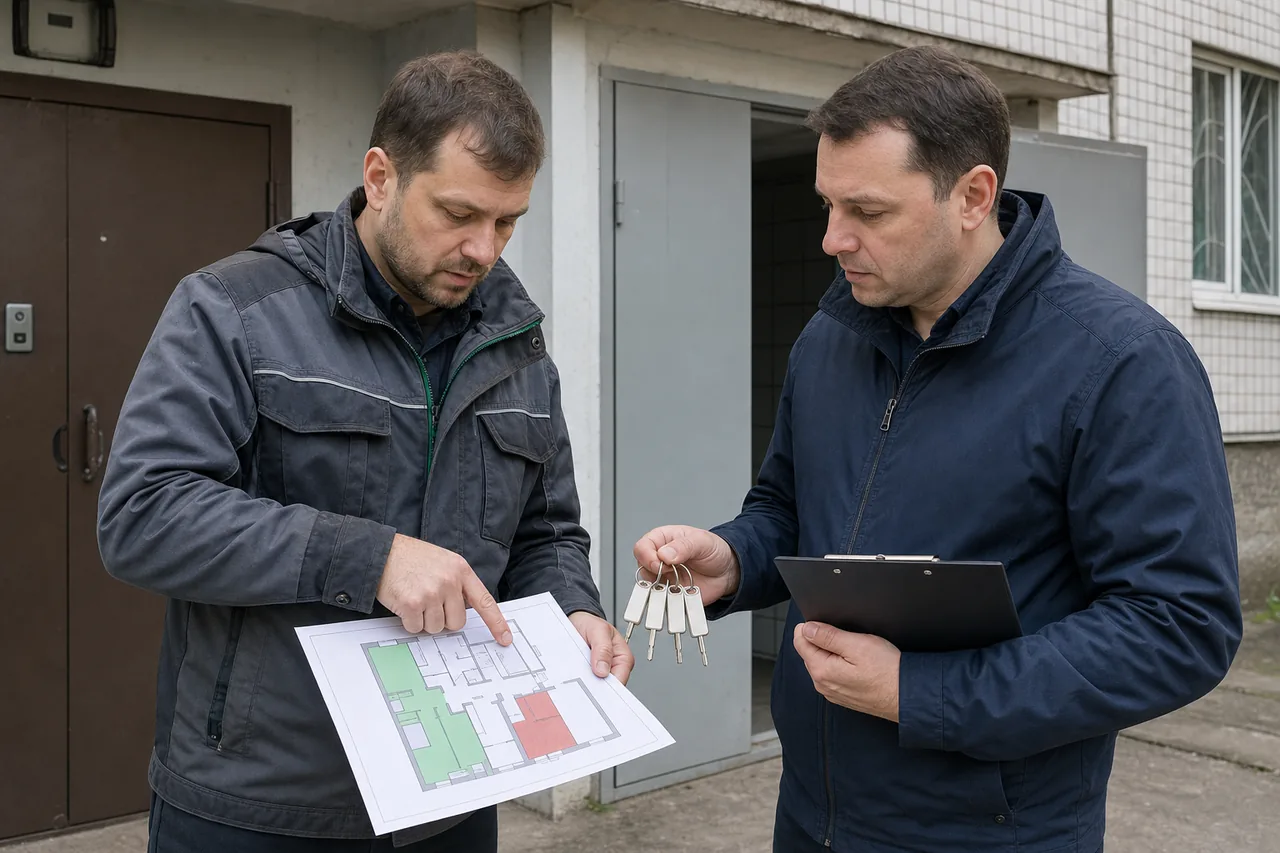 Инженер и представитель дома согласуют доступ к техническим зонам многоквартирного дома