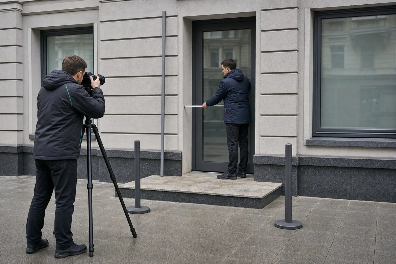Специалисты выполняют фотофиксацию и обмер существующей входной группы