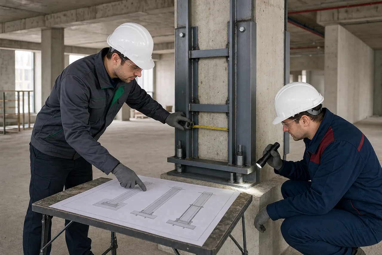 Инженер сопоставляет расчётную схему с узлом усиления железобетонной колонны