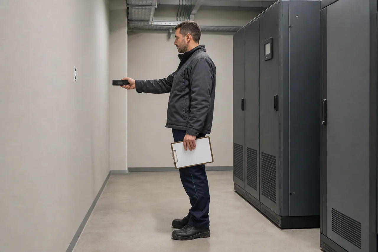 Инженер измеряет свободный сервисный проход перед закрытыми шкафами ИБП