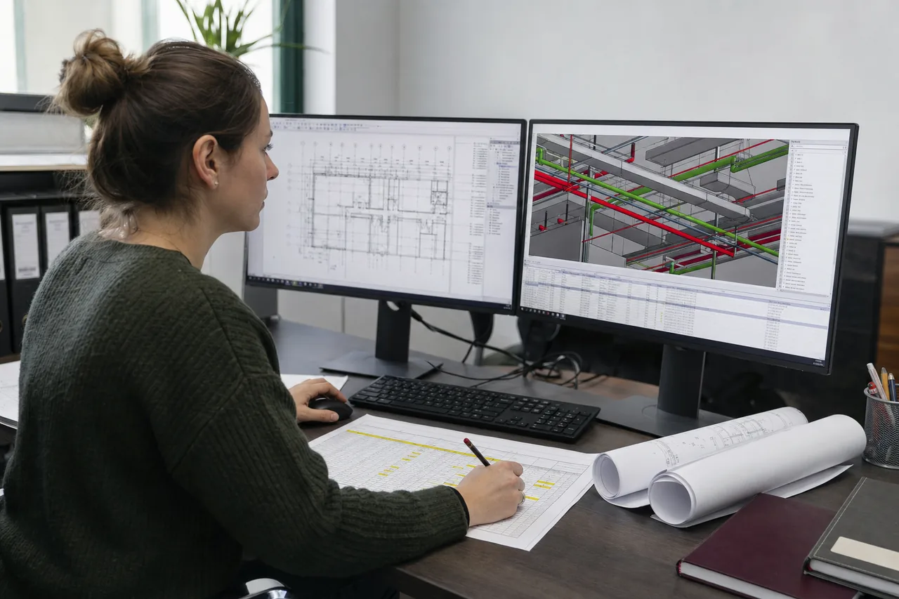 BIM-инженер сверяет исходный план, модель систем и матрицу параметров