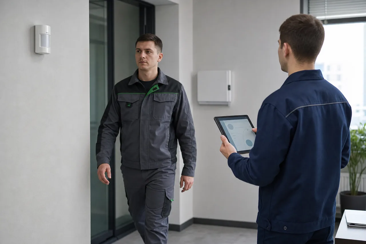 Инженеры проверяют прохождение тестовой тревоги от датчика движения